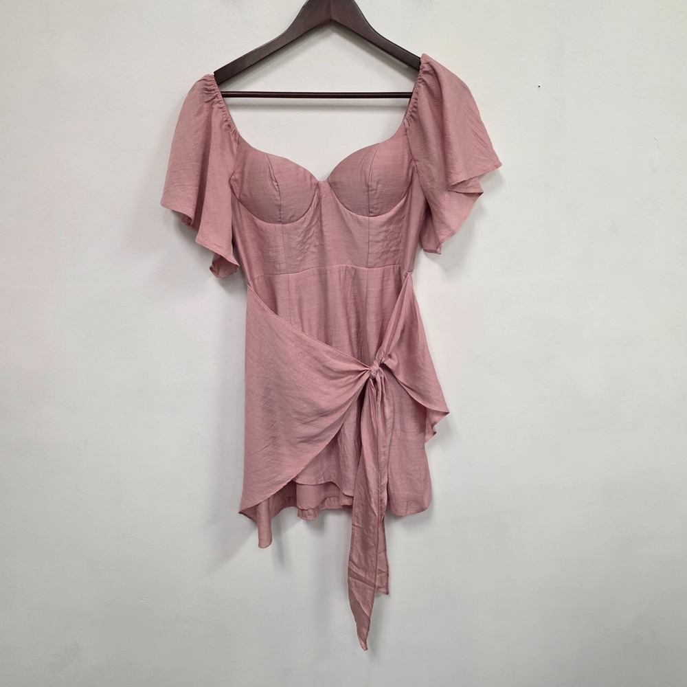 Selfie Leslie Coquette Babydoll Side Tie Flultter Sleeve Mini Dress Size S Pink